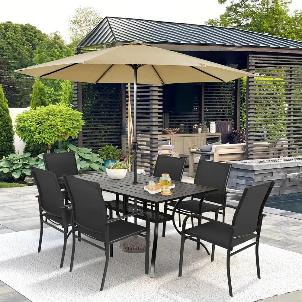 

8-Piece Outdoor Dining Set: 6 Textilene Chairs, Metal Table, Brown Patio Umbrella for Garden, Deck, Black
