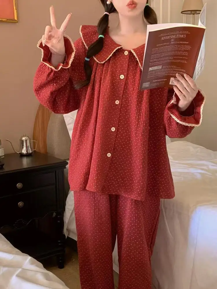 

Sweet Style Cloud Cotton Long Sleeve Sleepwear Set for Girls Spring Autumn Polka Dot Floral Print Comfortable Home Clothes