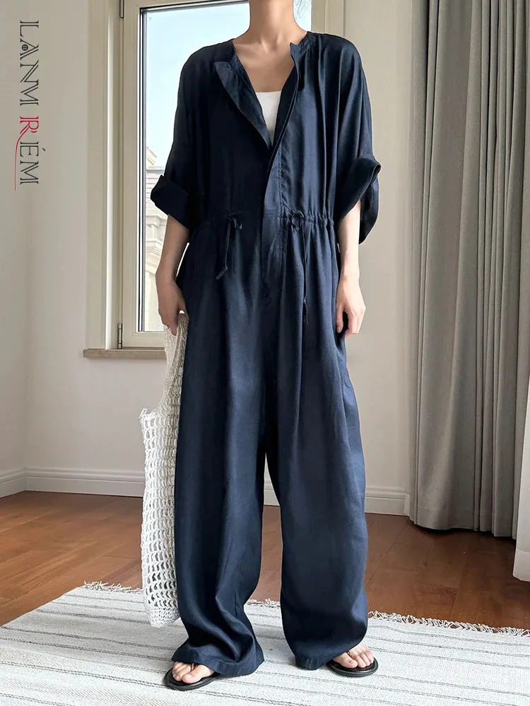 [LANMREM] Linen Sunscreen Jumpsuit For Women Drawstring High Waist Wide Leg Pants Loose Female Clothing 2024 Summer New 26D9388