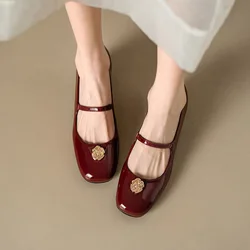 Phoentin Retro party Mary Janes shoes 2023 Women Genuine leather Thick mid Heels Pumps Fashion Shoes wine red big size  FT2792