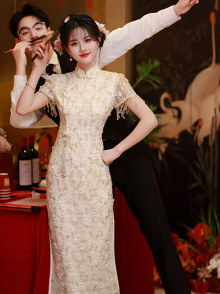 

New 2026 Wedding ort Sve Beaded High Slit Mid-Length New Chinese Sle Bride Dr for Wedding Ceremony And Ba...