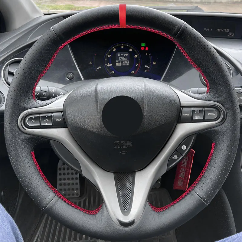 Car Interior Steering Wheel Cover For Honda Civic 8th MK8 2005 2006 2007 2008 2009 2010 2011 Perforated Leather Trim w/ red bar