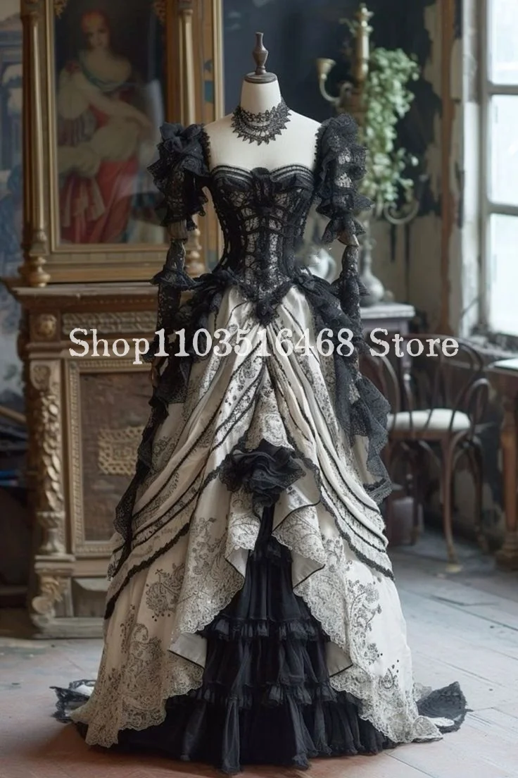 

Fantasy Victorian Prom Party Dress Black White Gothic Corset Corset Lace Applique Long Sleeve Vintage Black and White Prom فساتي