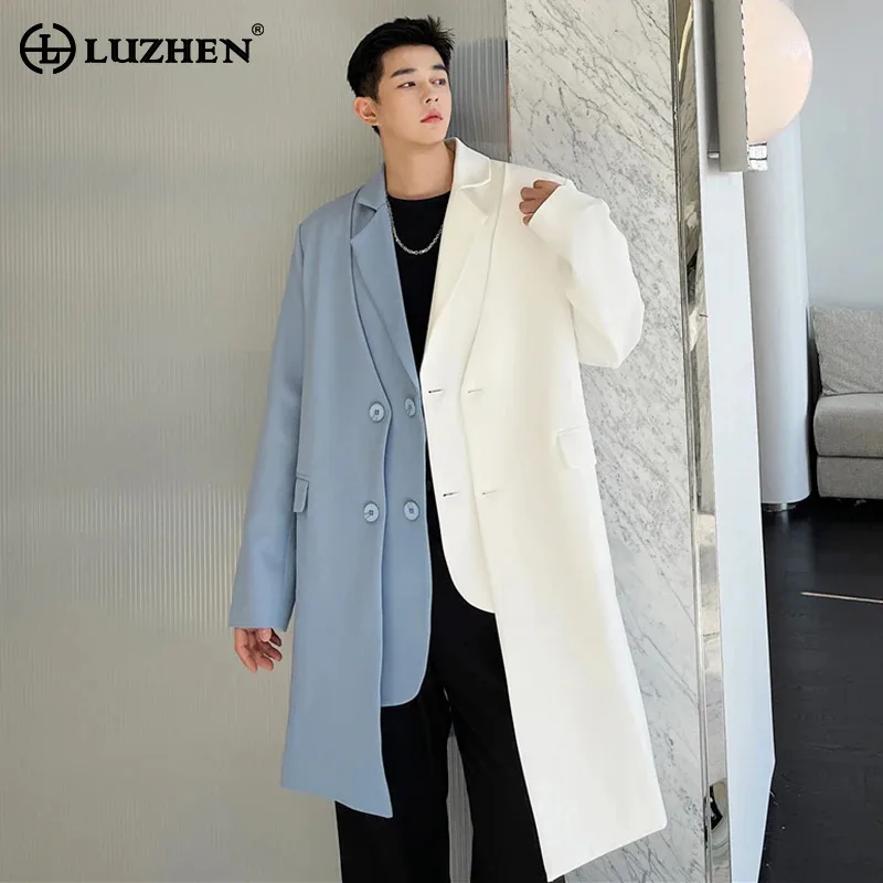 LUZHEN Personalized Design Fake Two-piece Long Windbreaker Outerwear High End Elegant Patchwork Loose Men Trench Coat LZ6462