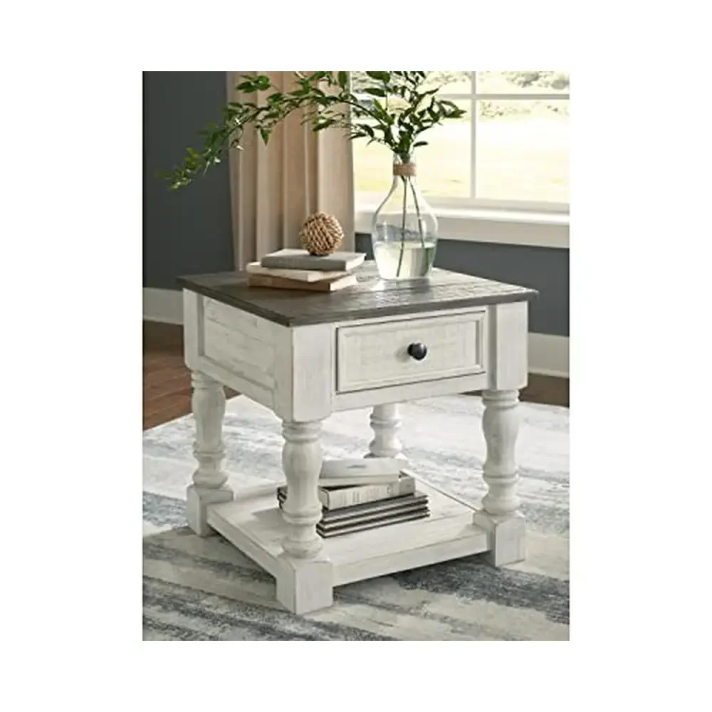 Farmhouse Gray/White Pine Wood End Table & Coffee Table Set Vintage Charm Storage Shelf Robust Legs Assembly Required Rustic