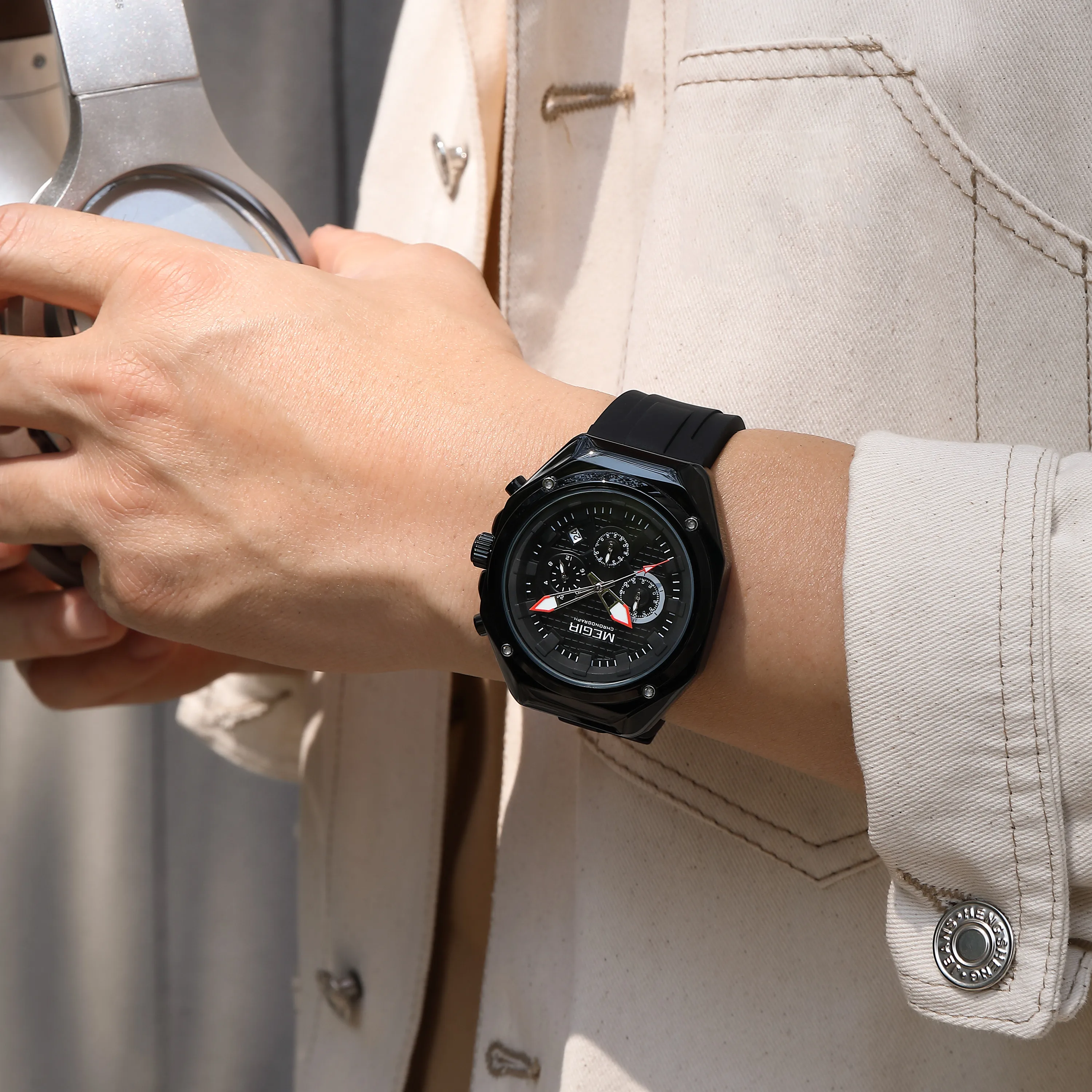 MEGIR كرونوغراف سيليكون حزام الرياضة ساعات كوارتز للرجال 3ATM مقاوم للماء التقويم الذكور ساعة اليد ساعة Relogio Masculino #2