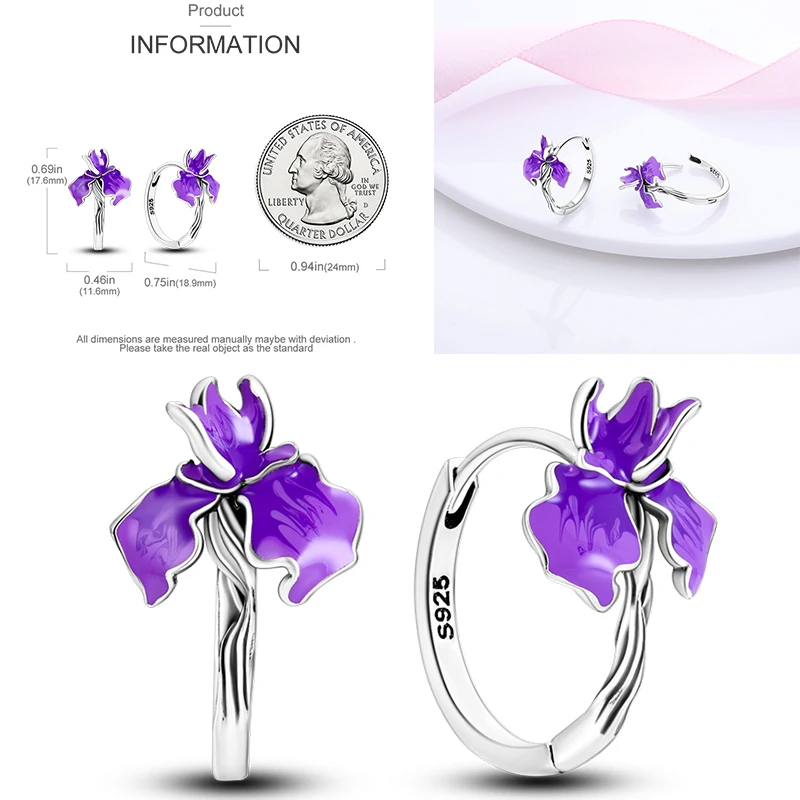 925 Sterling Silber Creolen Schmetterling Regenbogen Blume Tulpe Iris Lila Hängeohrringe Schmuck Geschenk für Frauen Mädchen – Detail 11