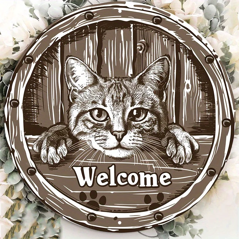 Cute Cat Peeking Aluminum Welcome Door Sign, 8In Round Metal Wall Decor with Pre-drilled Holes, Weather Resistant, HD Printing