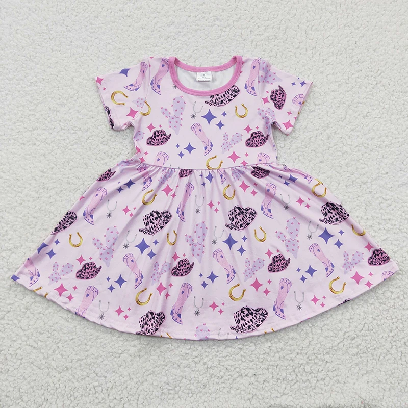 

Wholesale Baby Girl Western Twirl Dress Short Sleeves Kid Children Infant Toddler Summer Cactus Boots Hats Purple Clothes
