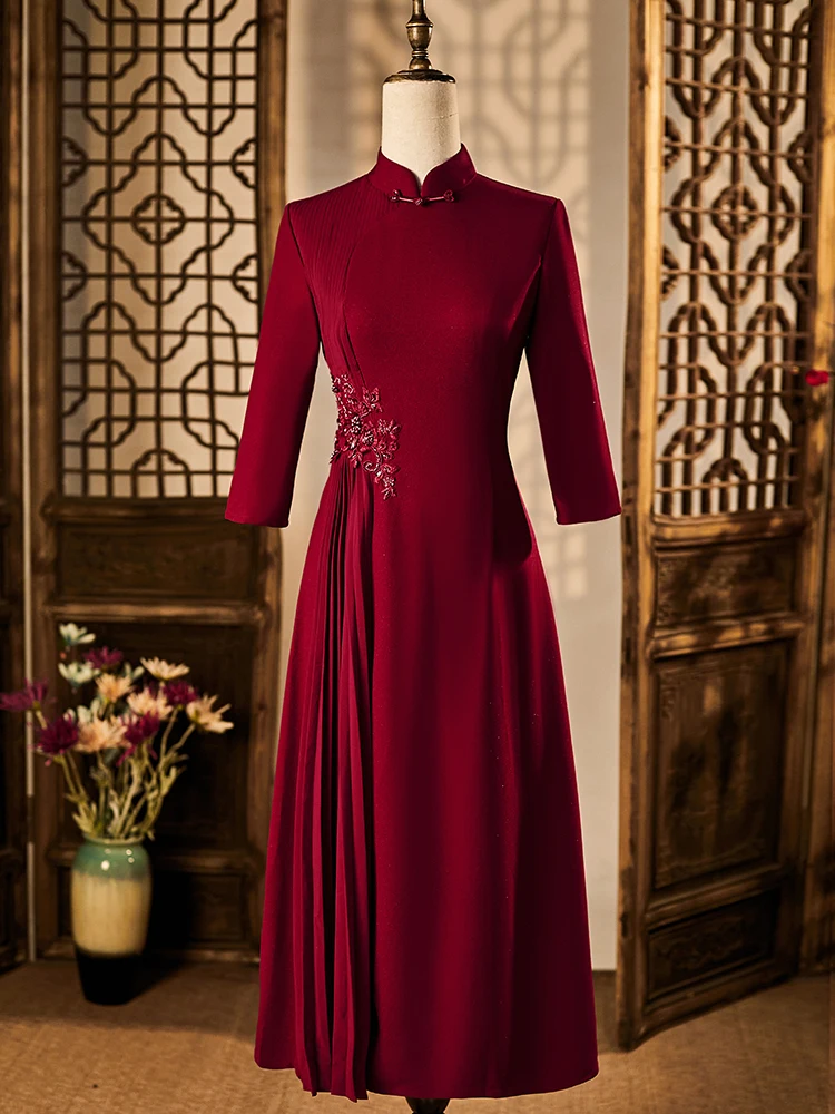 

Элегантное красное свадебное платье с вышивкой, юбка А-силуэта, длинный рукав, для матери невесты, осенняя новинка