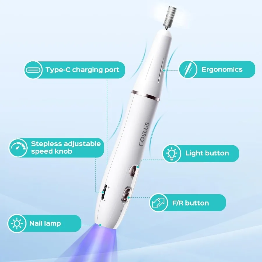 Broca elétrica sem fio para unhas, arquivo com lâmpada para unhas, 2 em 1, portátil, kit para gel acrílico, pó de imersão, recarga de unhas