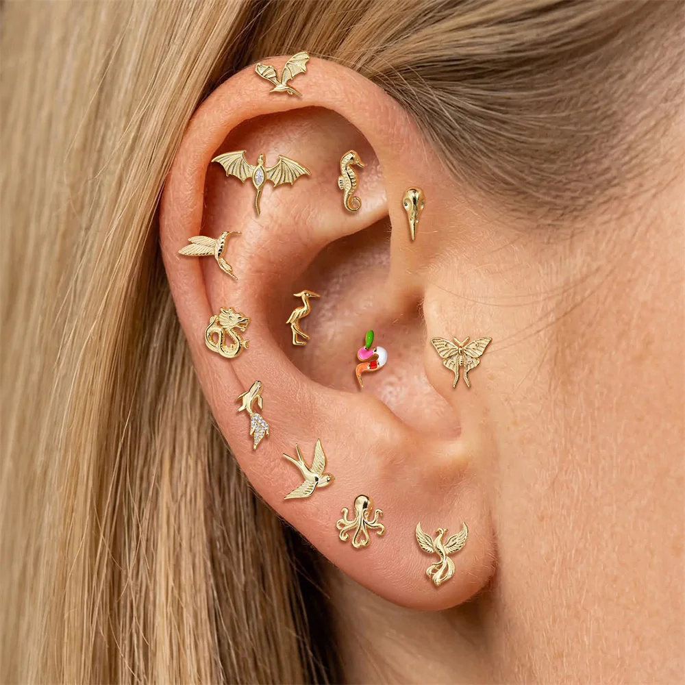 AIDE 925 Sterling Silver Classic Star/Devil's Eye Dainty Luxury For Women Bird Animal Series Flat Head Puncture Ear Bone Nail