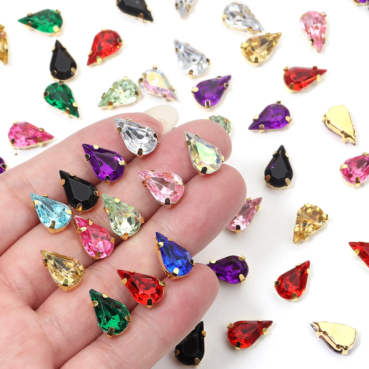 50pcs/pack Colored Sew-on Loose Claw Rhinestones Tear Drop Shape Crystal Beads for DIY Clothes Decor Glue-on Sewing Accessories