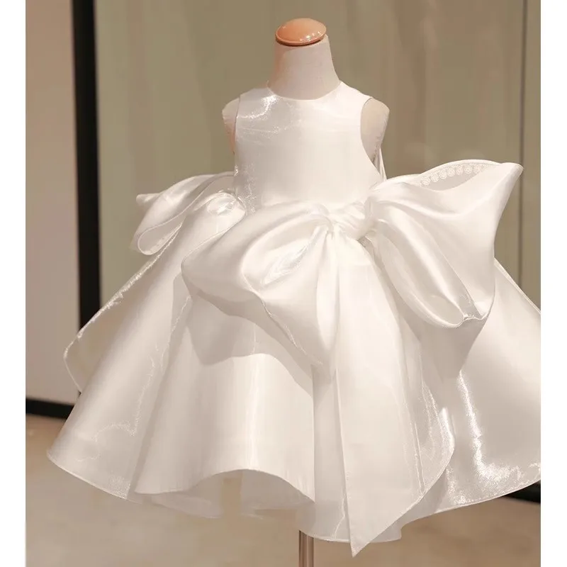 White sleeveless satin dress girls high-end birthday princess fluffy dress satin