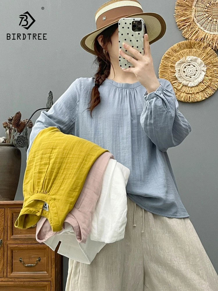 

New 2025 Autumn Cotton Yarn Long Sleeve Shirt, Women Stand Back Button, Mori Girl Versatile Casual Soft Loose Blouse T58679CC