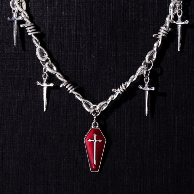 Vintage Gothic Cross Coffin Pendant Necklace Silver Color Cool Street Thorns Choker for Men Women Gift Hip Hop Neck Jewelry