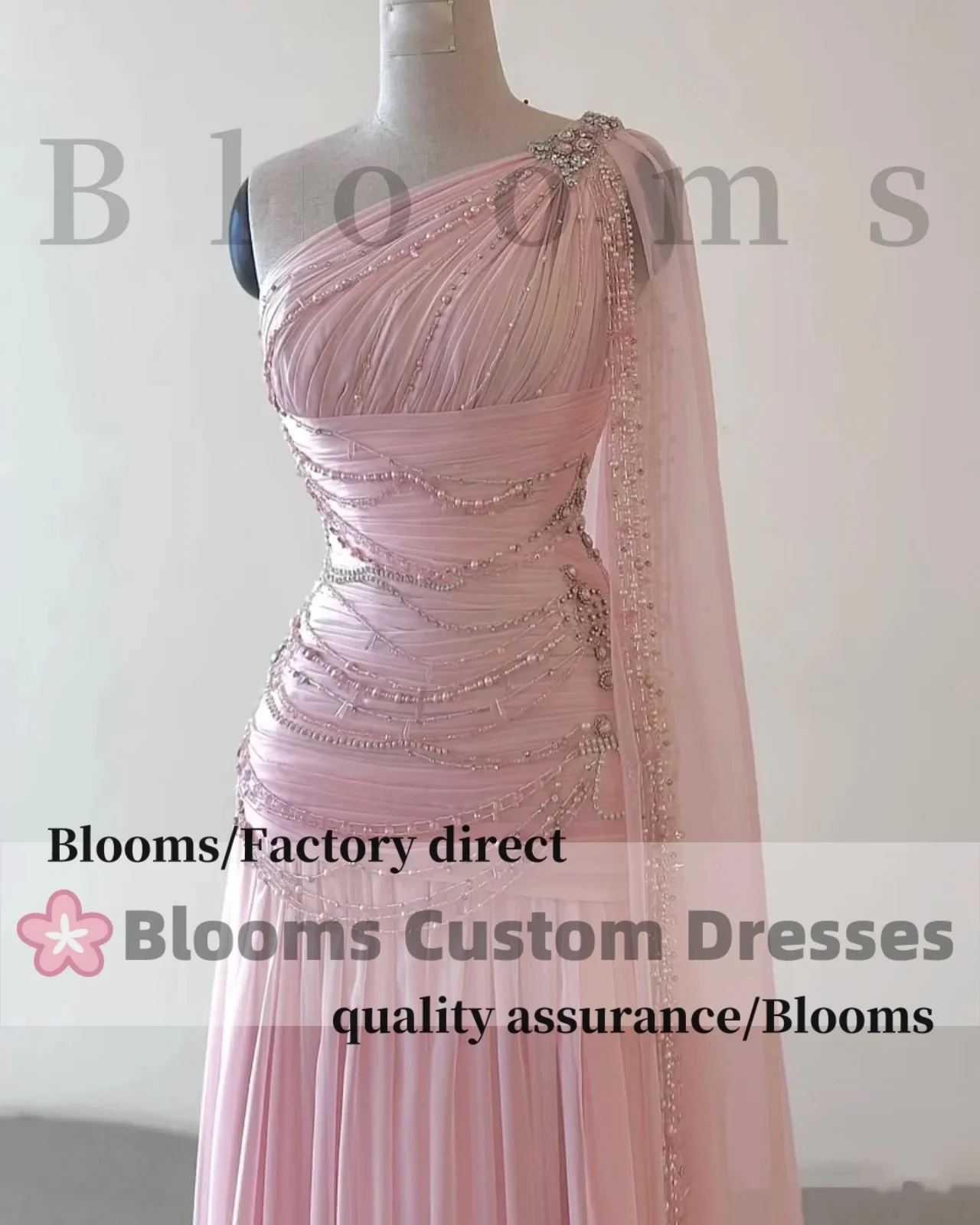 Customized Pink One-Shoulder Pleat Prom Dresses with Shiny Beaded Cape Luxury Evening Dress Formal Party Gown