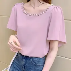 Women Loose Short Sleeve Chiffon Tops, Monochromatic, O-neck, Temperament, Office Lady, Casual Simplicity Fashion Summer Clothes