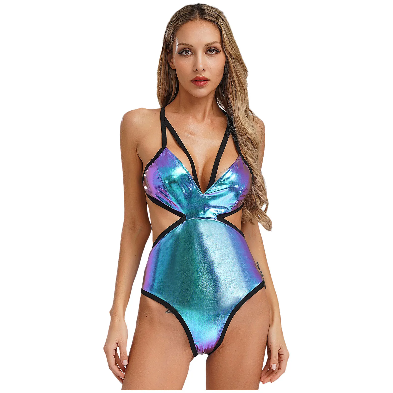 

Womens One Piece Shiny Swimsuit Cross Straps Sleeveless Backless Hollow Out Jumpsuit Swimwear Beach Pool Party Bathing Suits