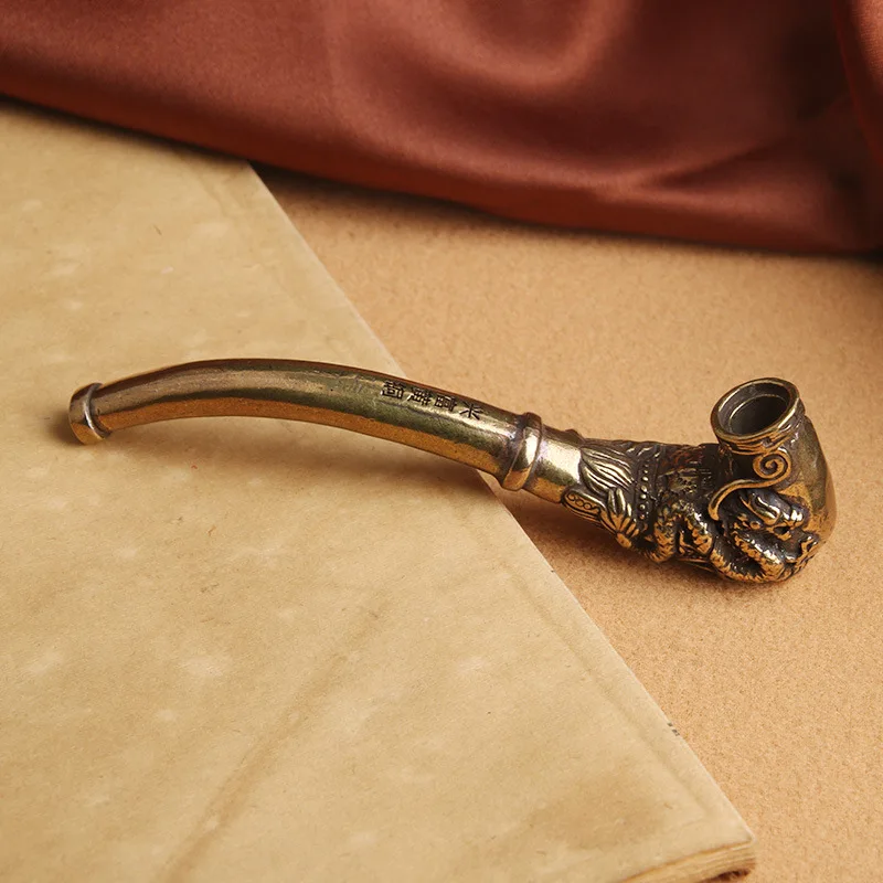Brass Dragon and Phoenix Traditional Smoking Pipe Antique Miscellaneous Old-fashioned Smoking Pot Dry