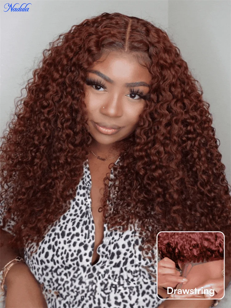 NADULA Reddish Brown Curly Human Hair Wig 7x5 Pre Cut HD Transparent Lace Pre Bleached Knots Glueless Wig with Drawstring 100% Human Hair No Tangle No Shedding Last More than 12 Months 30 Days No Reason Free Local Return