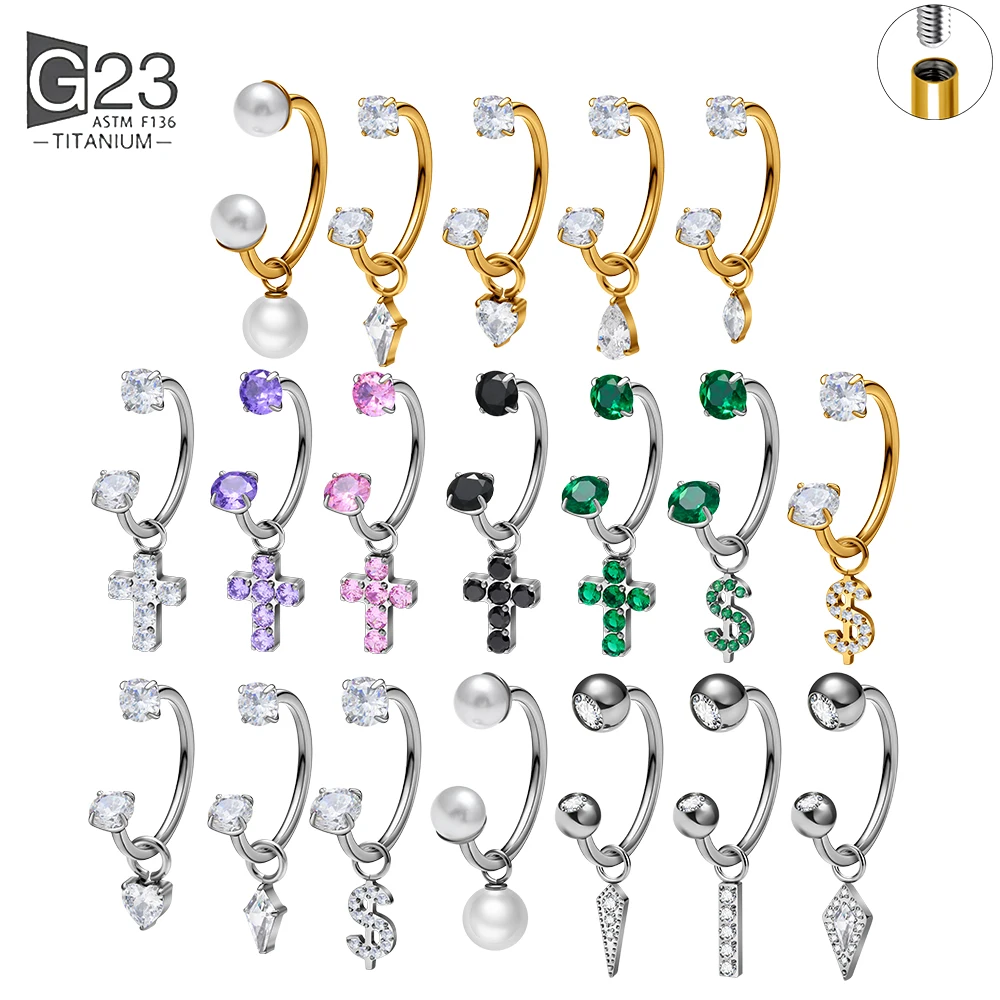ASTM F136 Titanium Internally Thread C Shape Septum Ring CZ Pearl Cross Sword Cartilage Ear Nose Eyebrow Body Piercing Jewelry