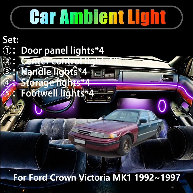 

Для Ford Crown Victoria MK1 1th 1992~1997 2/18 в 1, автомобильное окружающее освещение, светодиодные фонари для салона багажника, USB RGB Ensemble Streamer