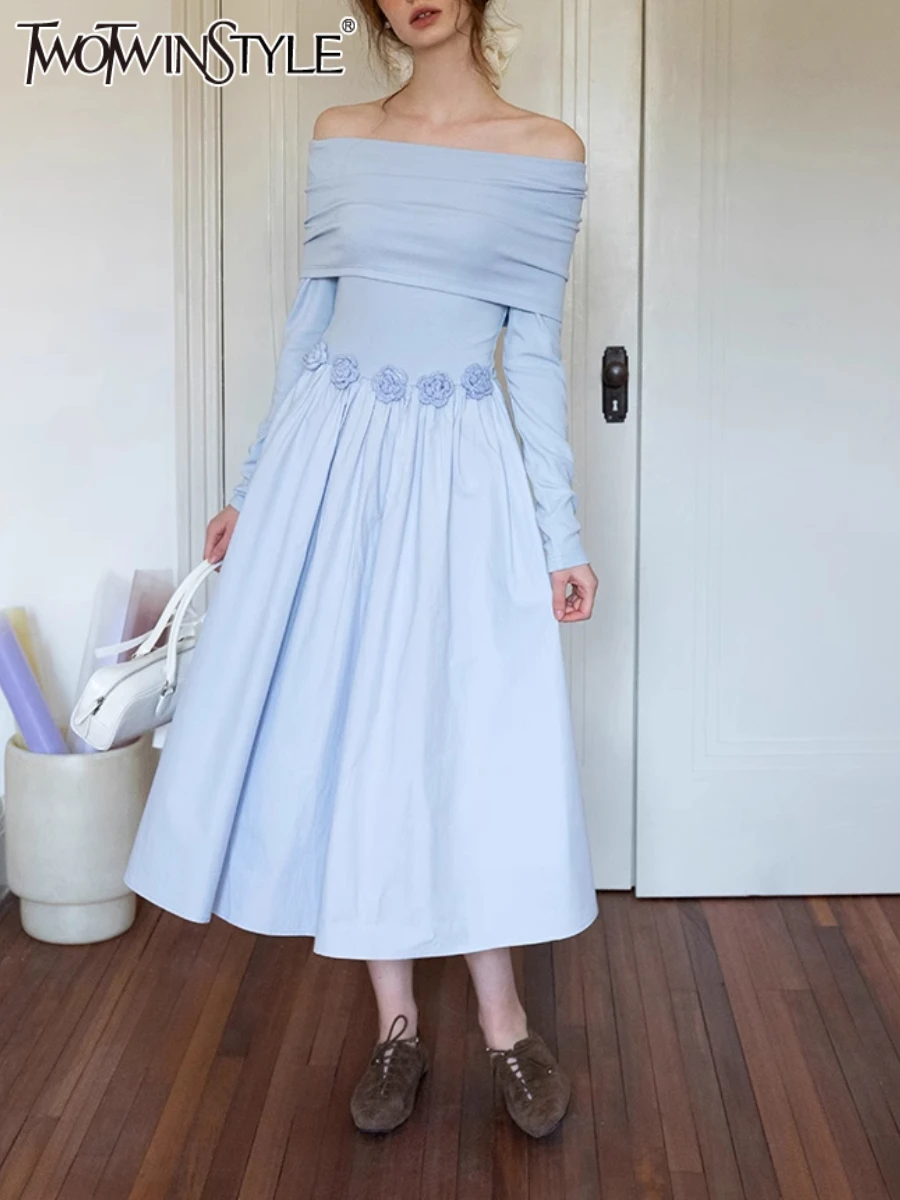 

TWOTWINSTYLE Solid Slimming Spliced Ruffles Elegant Dresses for Women Slash Neck Long Sleeves Patchwork 3D Flowers Dress Female