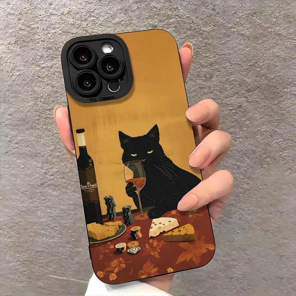 

Чехол для мобильного телефона с рисунком черного кота и вина, подходит для iPhone 17, 16, 15, 14, 13, 12, 11 Pro/Max/Plus, защита от падения и ударов