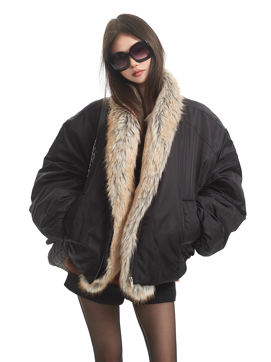 REDDACHiC 인조 모피 칼라 여성 봄버 재킷 열 보온 오픈 프론트 포켓 오버사이즈 바이커 모토 코트 빈티지 가을 겨울 아우터웨어