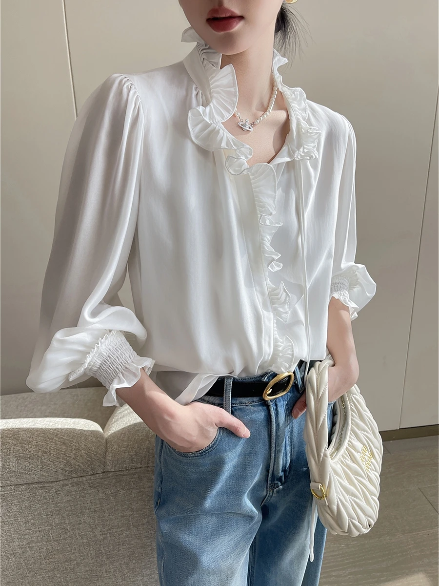 

Белая кружевная блузка с длинным рукавом для женщин, модная, простая, осенняя коллекция 2026, новинка, приятная к телу, дышащая