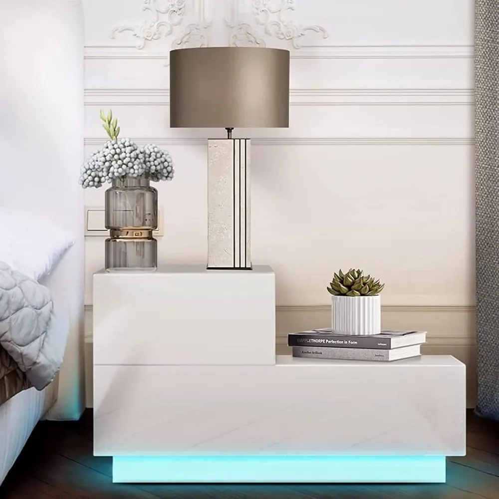 

LED Nightstand with 2 Drawers, Night Stands with Multi-Color LED Lights and 2 High Gloss Drawers, Bedside Table End Side Table