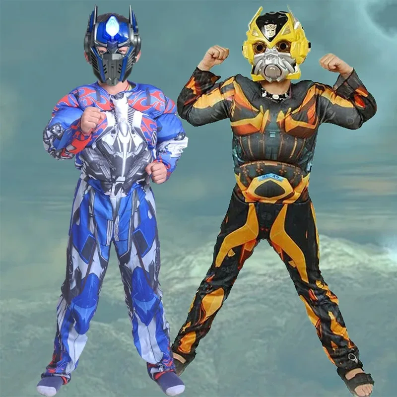 Movie Superhero Optimus Prime Bumblebee Muscle Cosplay Costume Children Mask Bodysuits Full Set Kids Carnival Halloween Clothes