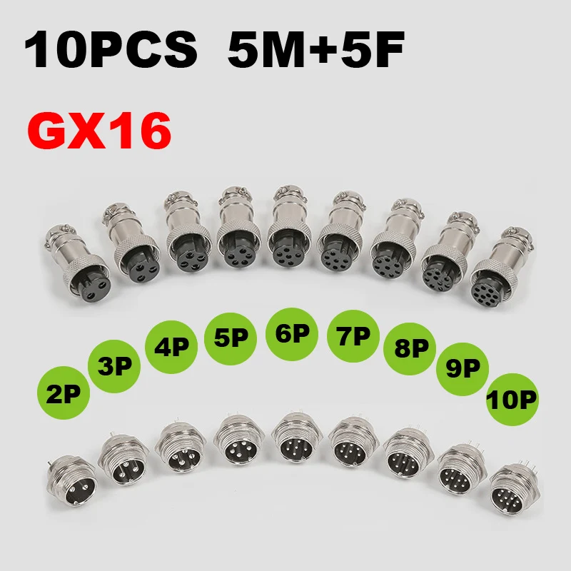 5SET 10PCS M/F GX16 2 3 4 5 6 7 8 9 10 P Pin 16MM Air Male+Female Docking Circular Aviator  Aviation Plug Socket Connector