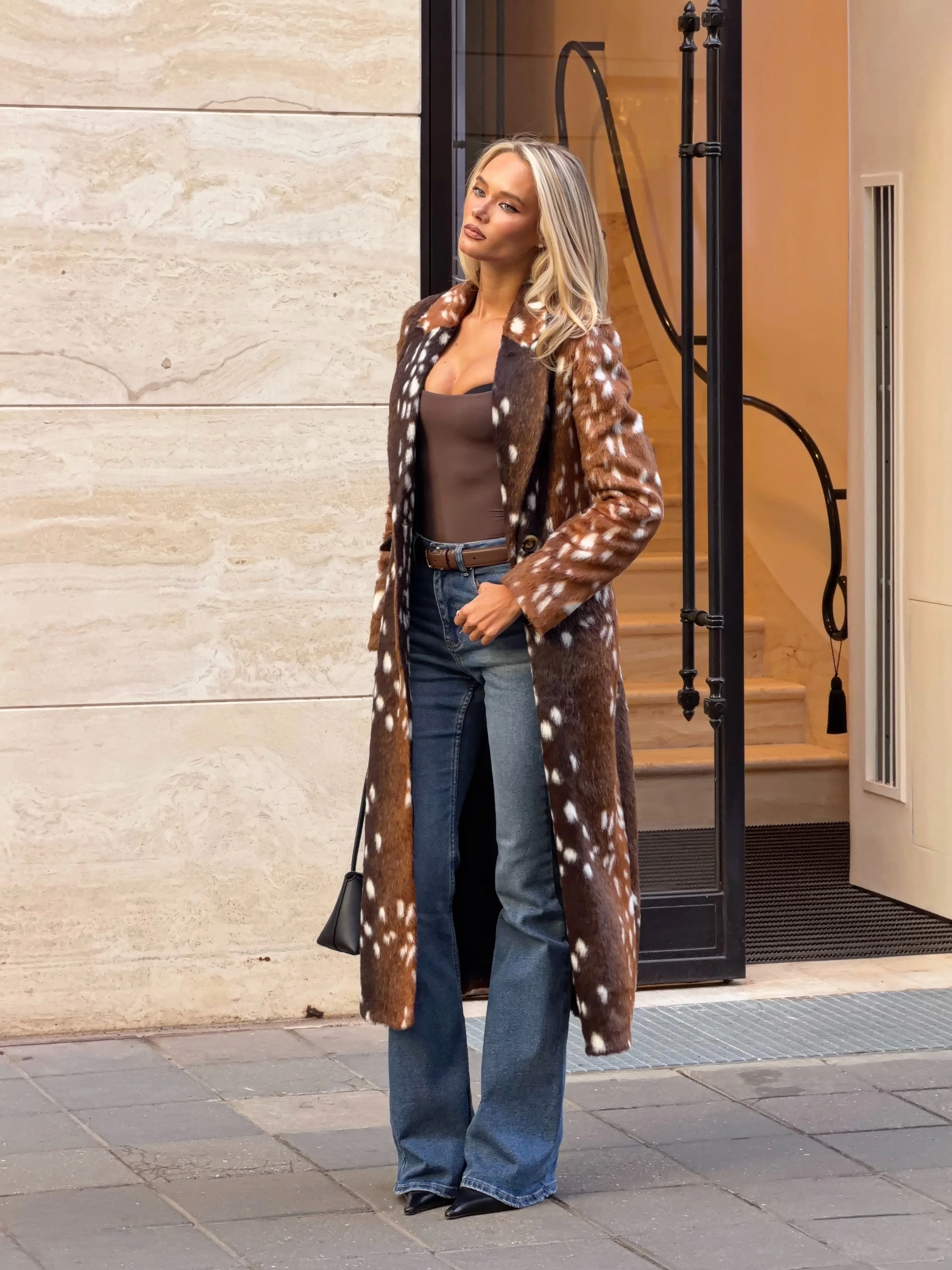 Laur 2026 Women Long Faux Fur Coat Lapel Collar Spotted Pattern Double Breasted Elegant Winter Outerwear