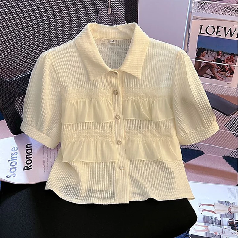 Women Trendy Ruffle Lace Patchwork Sweet Chic Button Shirts Textured Turn Down Collar Slim Blouses Solid Short Sleeve Crop Tops