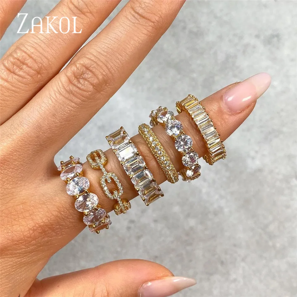 ZAKOL Oval Gold Color Eternity Rings for Women Fashion Geometry Cubic Zirconia Finger Ring Wedding Party Jewelry