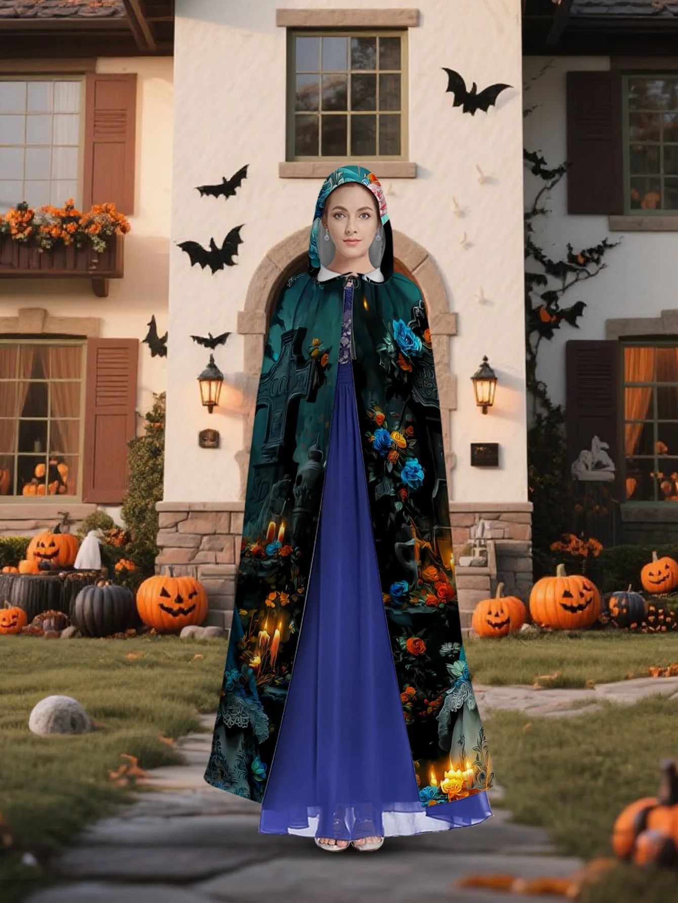 Customization 1pc LianyaoShi Selected 2D Flat Printing Day Of The Dead Must-Have Hooded Cape For Travel, Colored Death Sugar Sku
