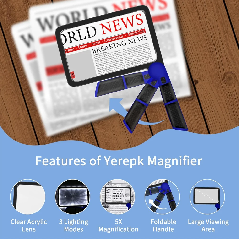 5-кратная лупа с легкой полноценной лупой для чтения, большая лупа с подсветкой и 48 светодиодами, антибликовая линза