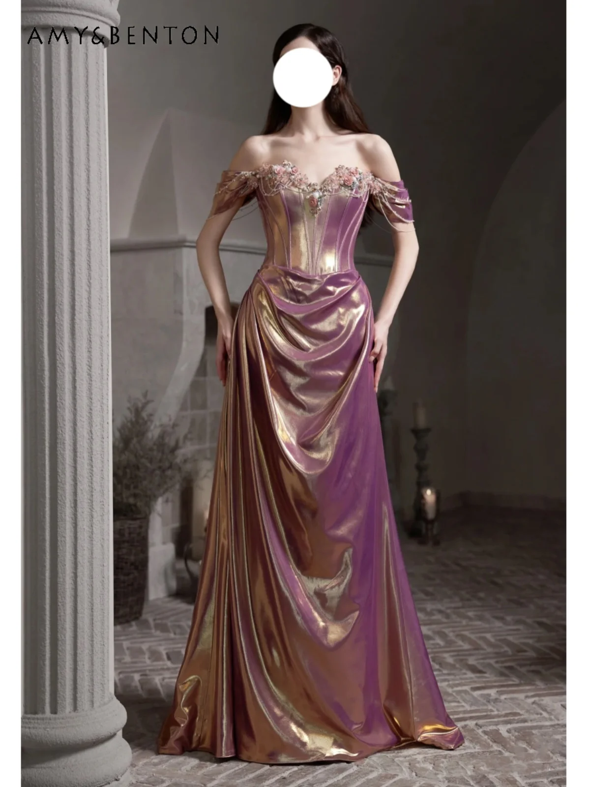 

2025 Summer New Off-Shoulder Slim Fit Toast Dress Engagement Dress French Retro High-End Light Luxury Coming-of-Age Dress