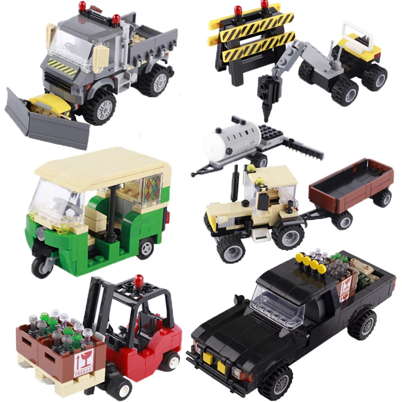 Building Blocks Farm Agricultural Machinery Land drill forklift Tricycle Snow Shovel Police Pickup Children Adults Gifts Toys