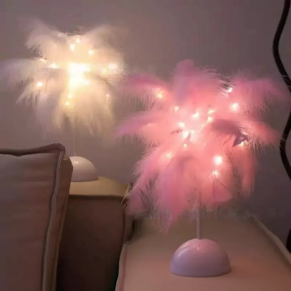 Cute Feather Night Lamp for Girls Bedroom Decor Desk Table Lamp for Live Streaming Room Party Valentine Birthday Gift Decoration