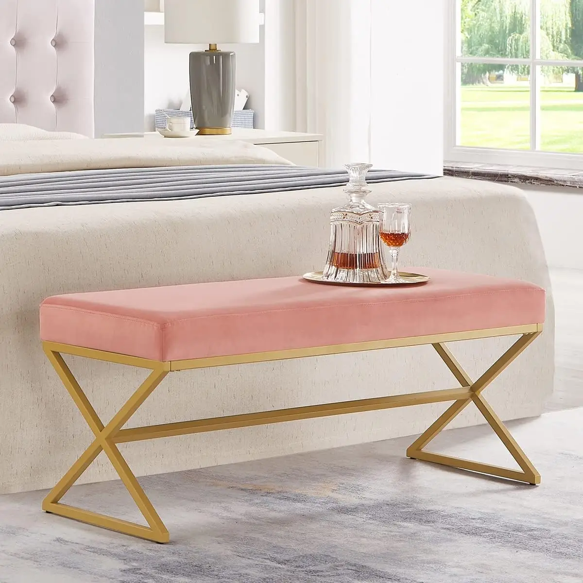 Velvet Upholstered Entryway Bench With Metal Leg, Padded Bedroom Bench Seat Cushion With Golden Metal X-Legs -Blush