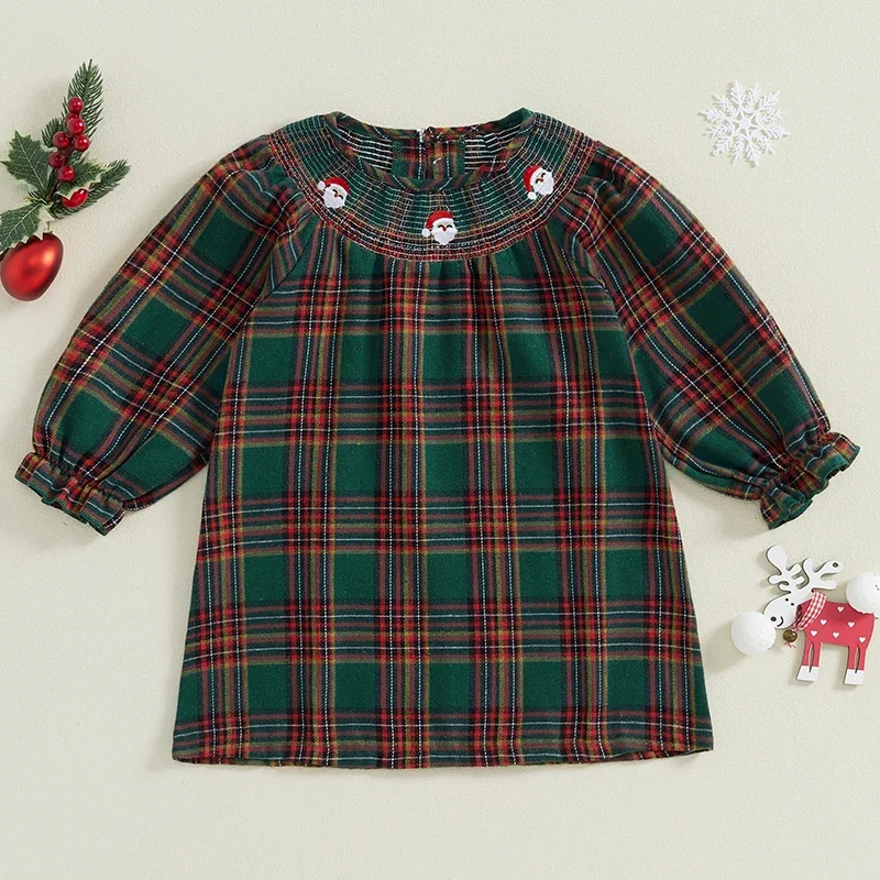 

1-8Y Kids Girl Christmas Dress Long Sleeve Round Neck Plaid Print Loose Dress Baby Santa Embroidery X-mas Dress