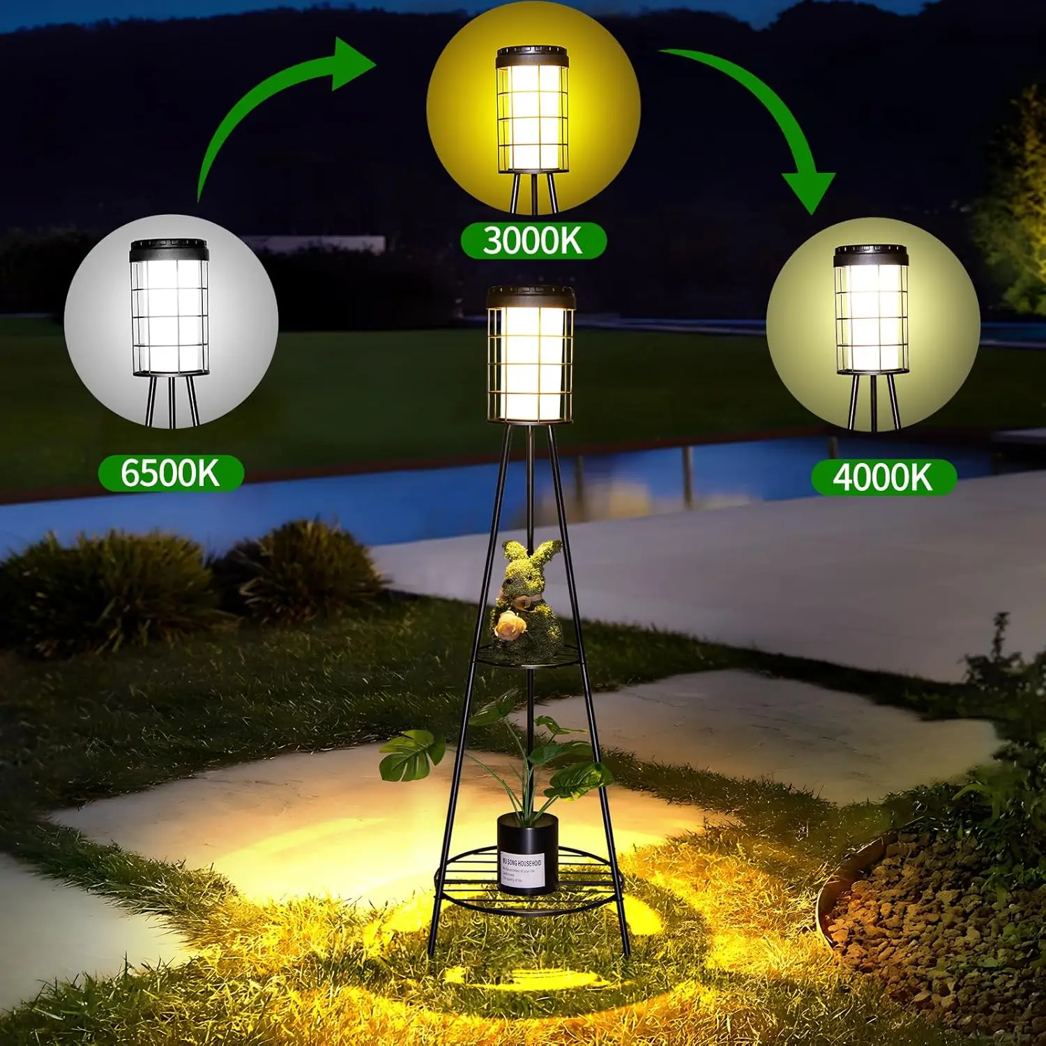 Lampada da terra solare per decorazioni per patio esterno con supporto per piante Luci solari impermeabili per mensola per fiori per portico da giardino