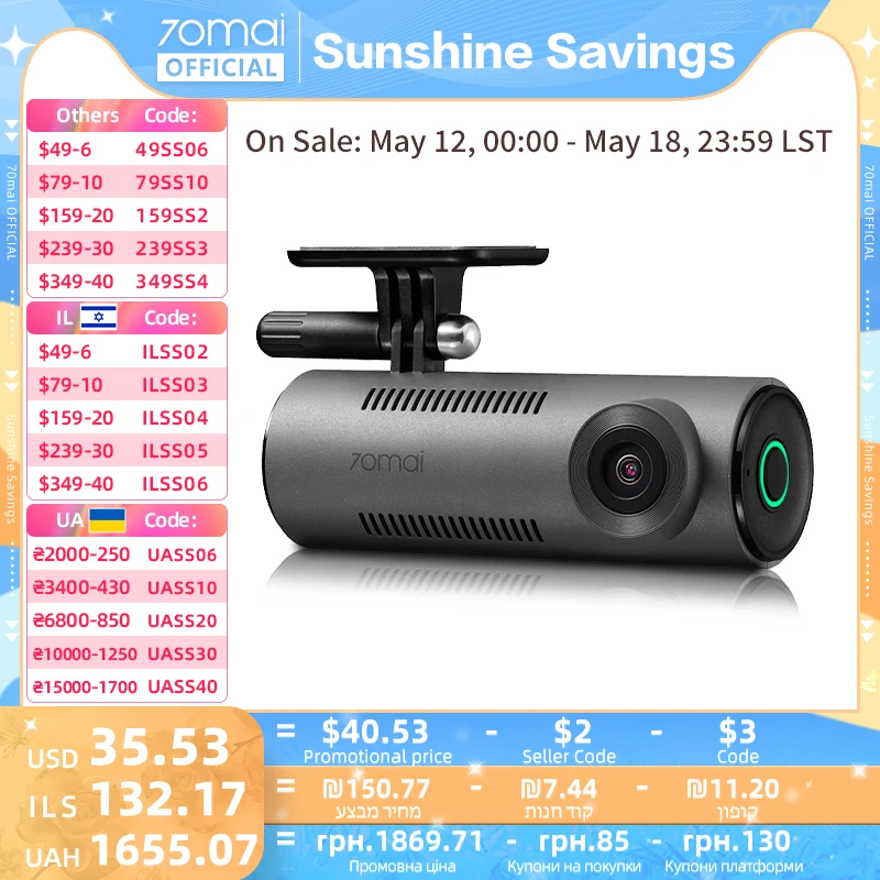 70mai Dash Cam M310 1296P Resolution 130°FOV Smart Voice Control Support 24H Parking Guard Night Vision 70mai M310 Car DVR