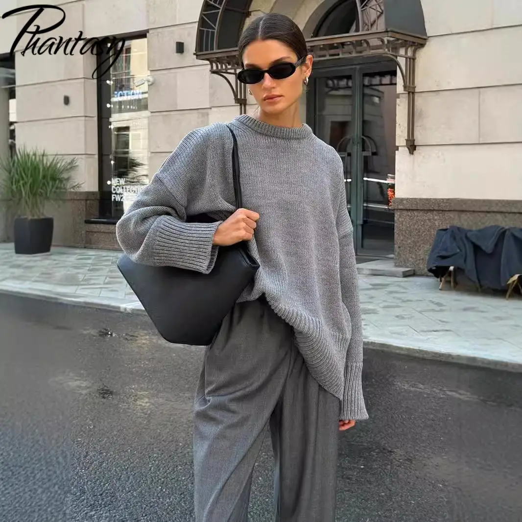

Phantasy Fashion Casual Women's Oversize Sweater Autumn Vintage Pullover Women Basic Gray Female Warm Knitted Sweaters Women