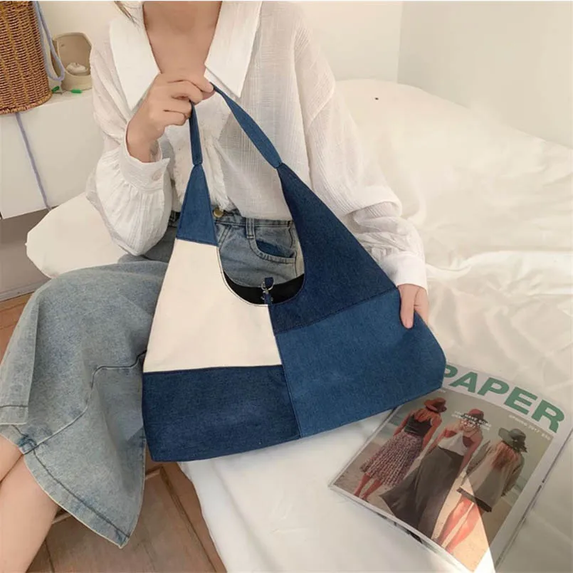 Denim Campus Unisex große Kapazität Patchwork Farbe Schulter Handtasche Achsel Knödel Frauen Hobos Tasche Jean Geldbörse