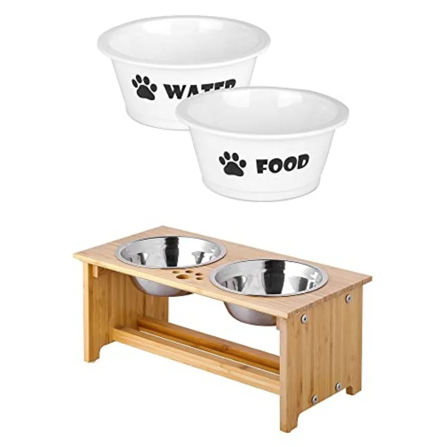 

FOREYY Raised Pet Bowls for Cats and Small Dogs Bamboo Elevated Dog Cat Food and Water Bowls Stand Feeder with Ceramic Bowls an