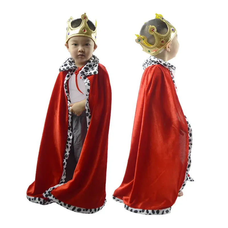 

King Cloak Costume with Leopard Print Patchwork Adjustable Strap Masquerade Party Cosplay Clothing Plush Velvet Crown